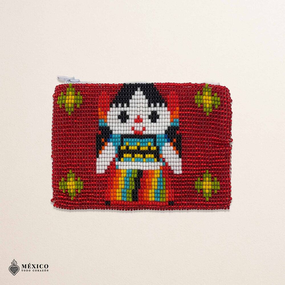 Red Mexican Beaded Maria Doll Coin Purse – Handmade Artisan Zipper Pouch